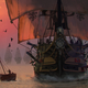 Skull and Bones art shows a pirate ship headed towards a sunset.